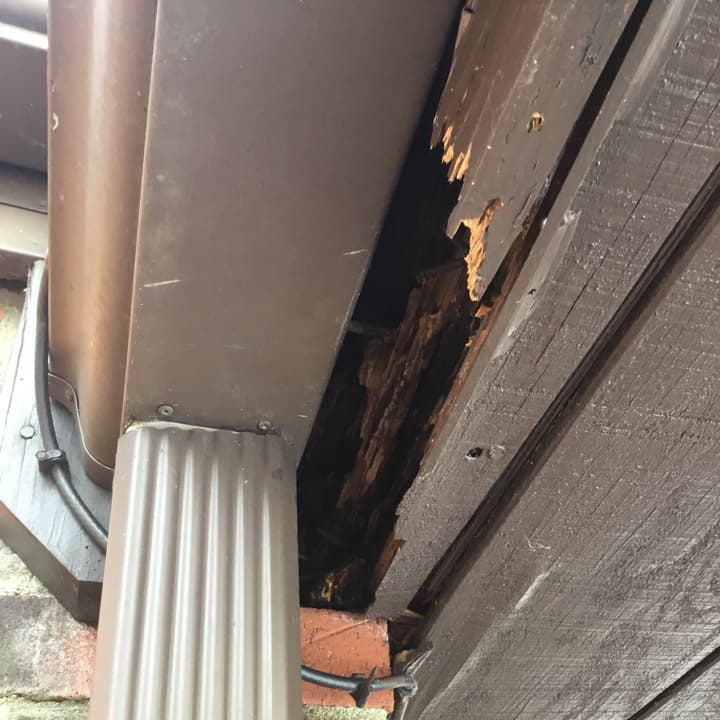 Damage to the underside of a roof awning/soffit.